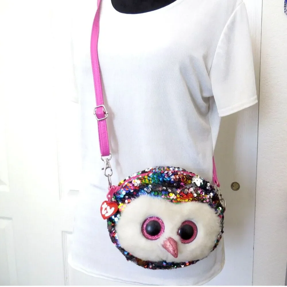TY Owen Owl Flippy Sequin Purse Crossbody/Shoulder Kawaii EUC
